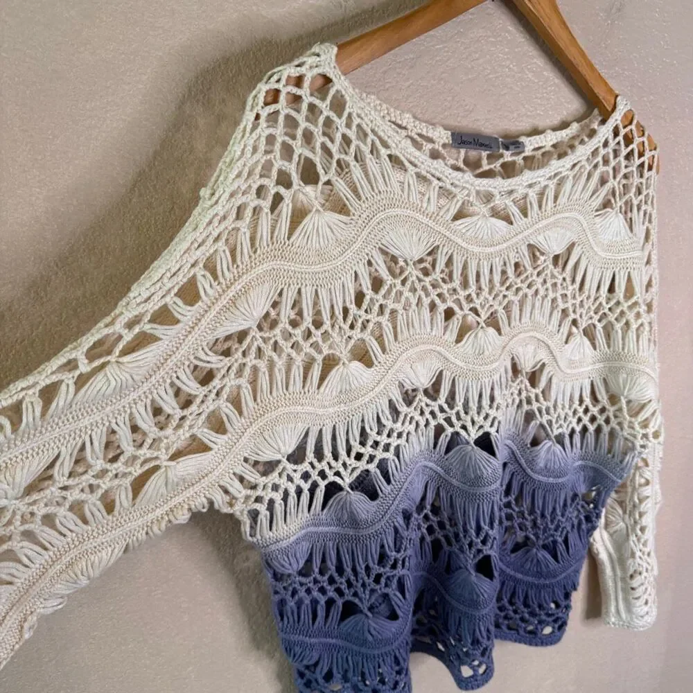 Jason Maxwell Crochet Top Large Beachy Boho Ombre Ivory Blue Vacation Coverup - Picture 3 of 10